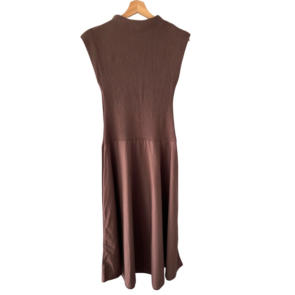 Zara Mixed Media Ribbed Knit Midi Dress Brown Mock Neck Sleeveless Small NWT - Picture 2 of 9